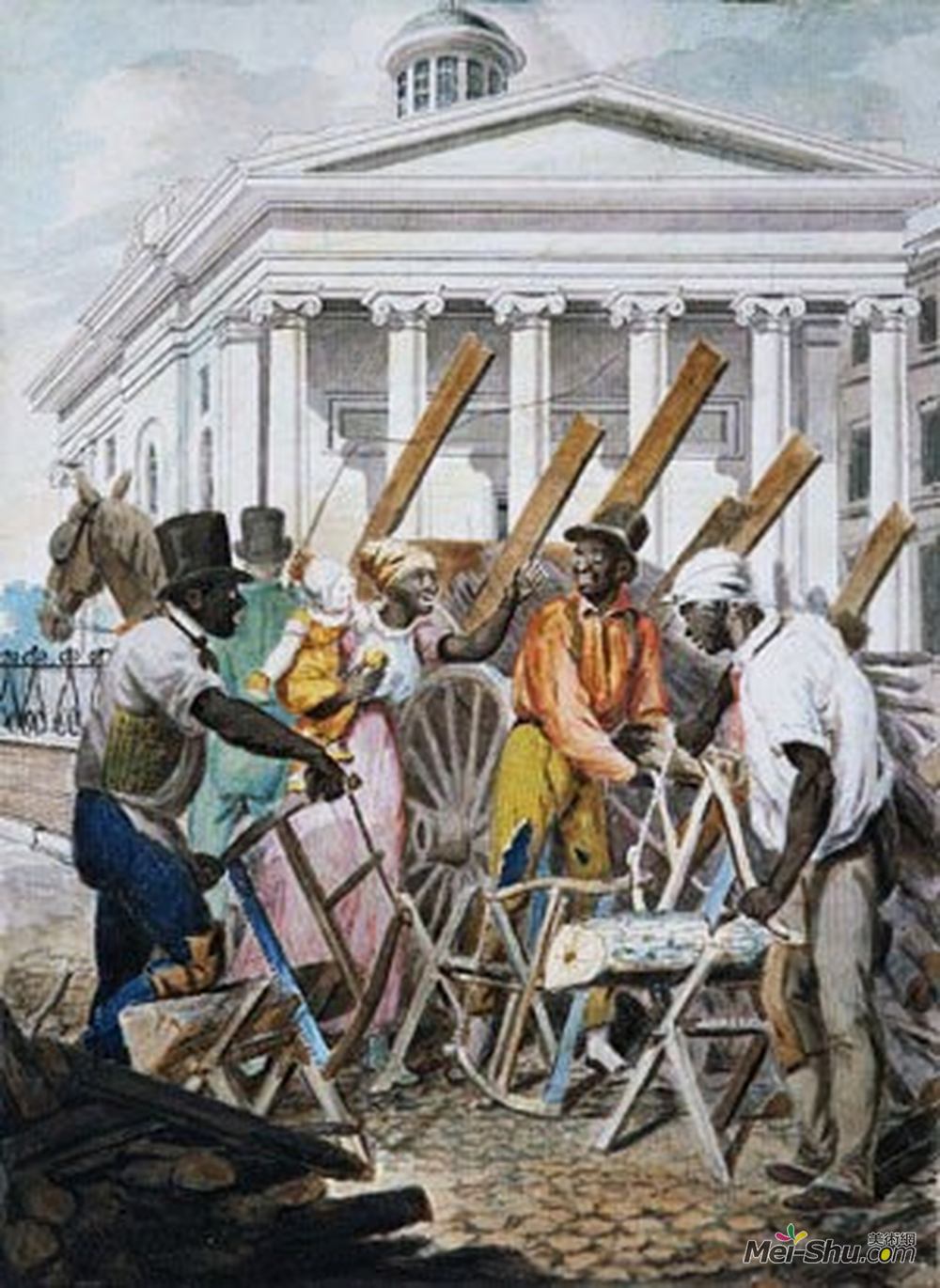 约翰·刘易斯·克里梅尔(John Lewis Krimmel)高清作品《在宾夕法尼亚银行前面工作的黑色锯木工》