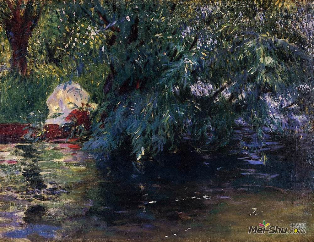 约翰·辛格·萨金特(John Singer Sargent)高清作品《回水，卡尔科特轧机附近阅读》