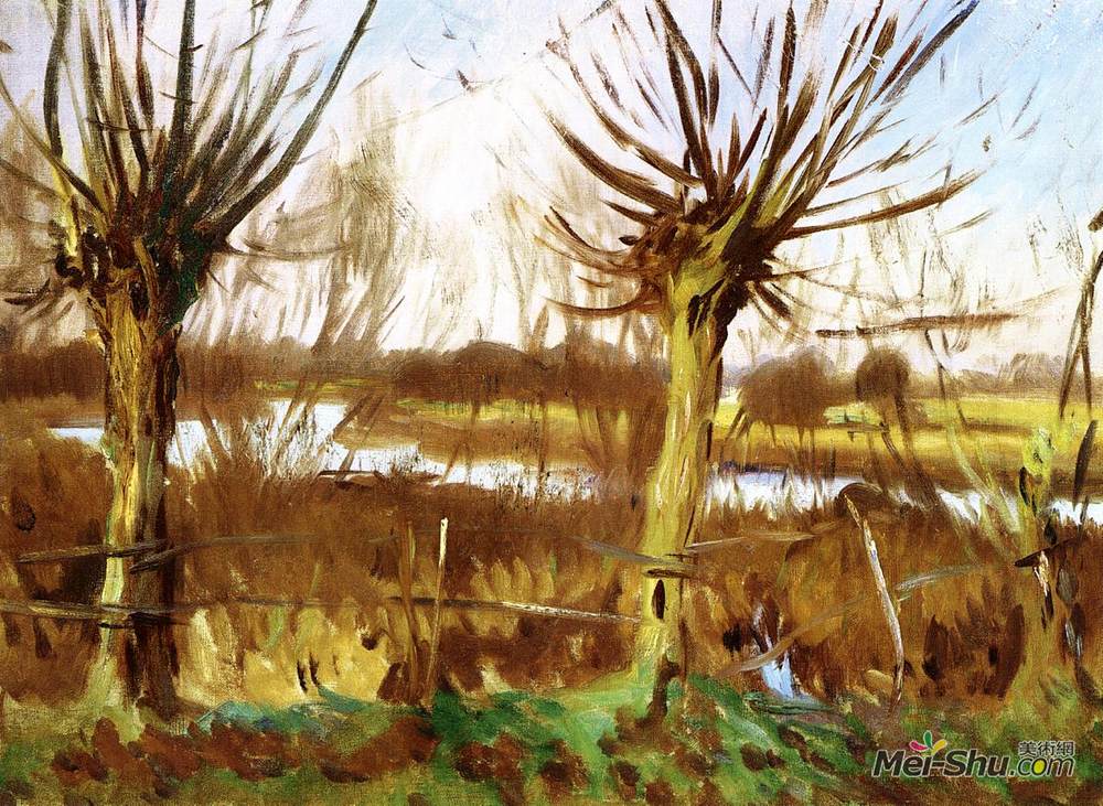 约翰·辛格·萨金特(John Singer Sargent)高清作品《树上的风景，泰晤士河上的考尔科特》