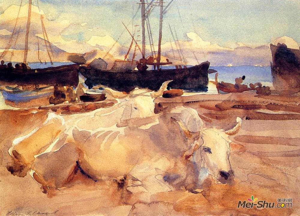 约翰·辛格·萨金特(John Singer Sargent)高清作品《巴亚海滩上的牛》