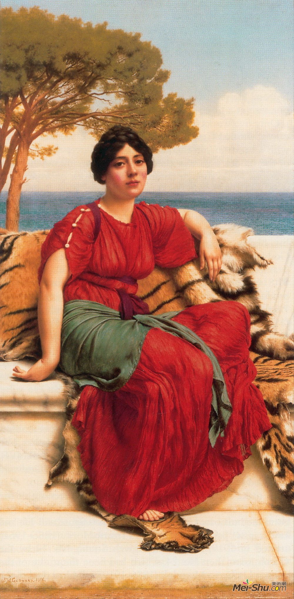 约翰·威廉·格维得(John William Godward)高清作品《蓝色的爱奥尼亚海》
