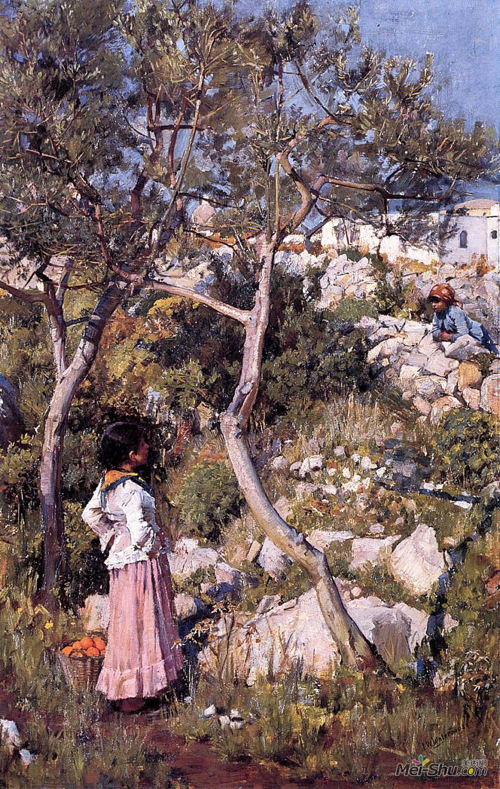 约翰·威廉·沃特豪斯(John William Waterhouse)高清作品《村子里的两个意大利小女孩》