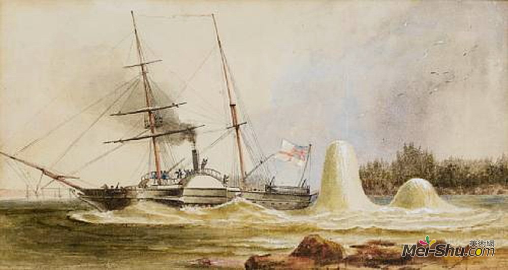 约翰·威尔逊(John Wilson Carmichael)高清作品《The survey vessel H.M.S. Merlin narrowly escaping destructio》