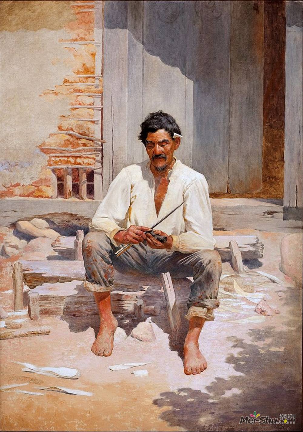 若塞·费尔拉兹·德·阿尔梅达·茹尼奥尔(Jose Ferraz de Almeida Junior)高清作品《Caipira Chopping Tobacco (Sketch)》