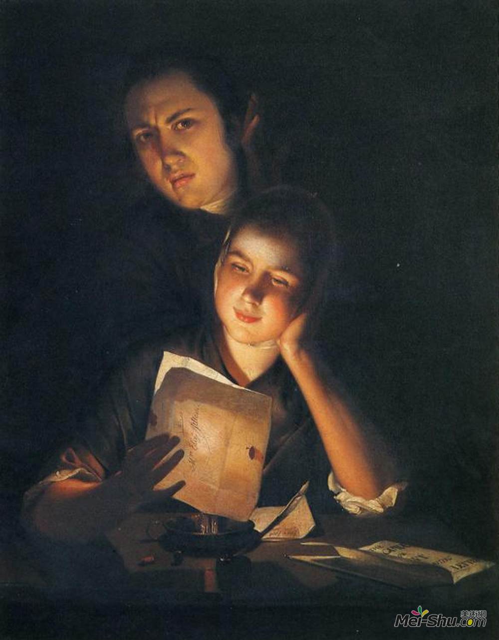 约瑟夫·莱特(Joseph Wright)高清作品《一个女孩在烛光下读着一封信，和一个小伙子撒尿》