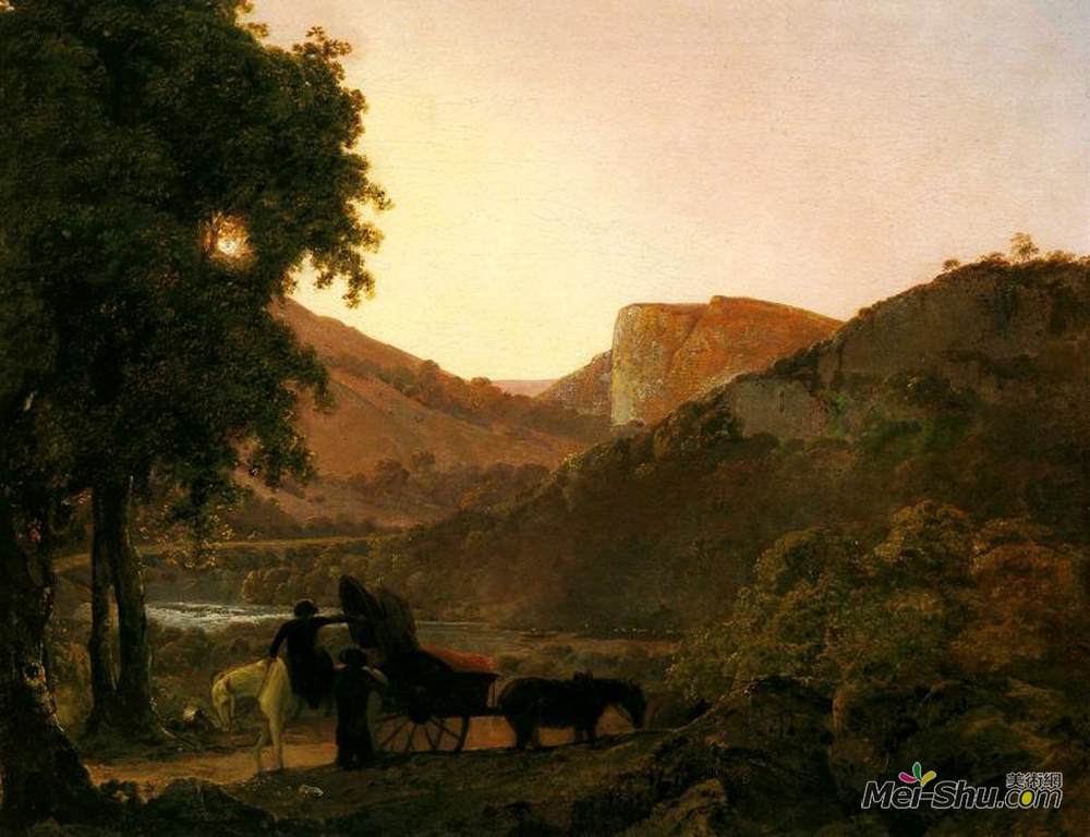 约瑟夫·莱特(Joseph Wright)高清作品《风景与数字和倾斜的推车，马特洛克霍格托我》