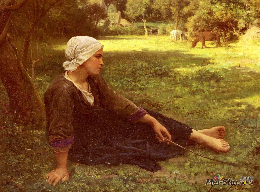 朱利叶斯·布雷顿(Jules Breton)高清作品《看守奶牛的女孩》
