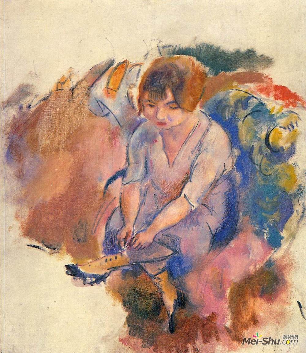 朱勒·帕斯金(Jules Pascin)高清作品《穿袜子的年轻女子》