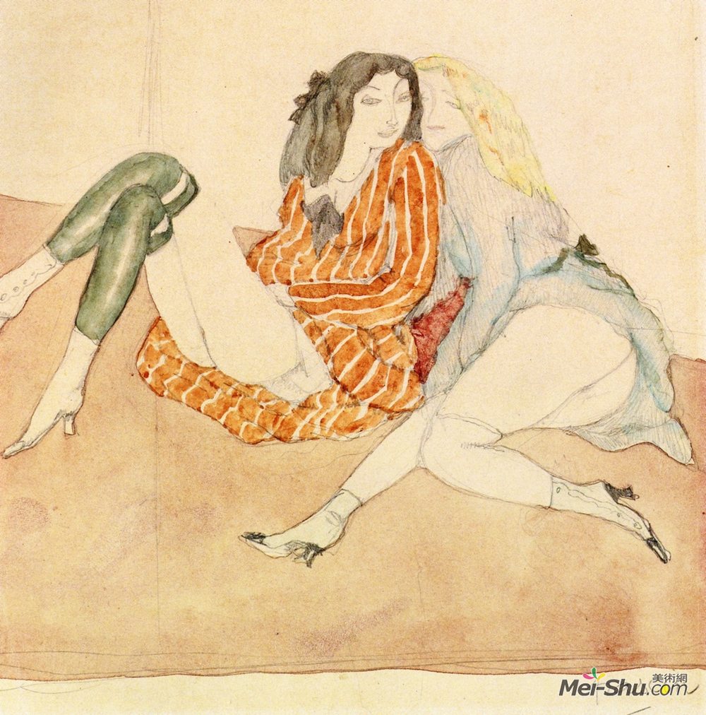 朱勒·帕斯金(Jules Pascin)高清作品《两个女孩在地上》