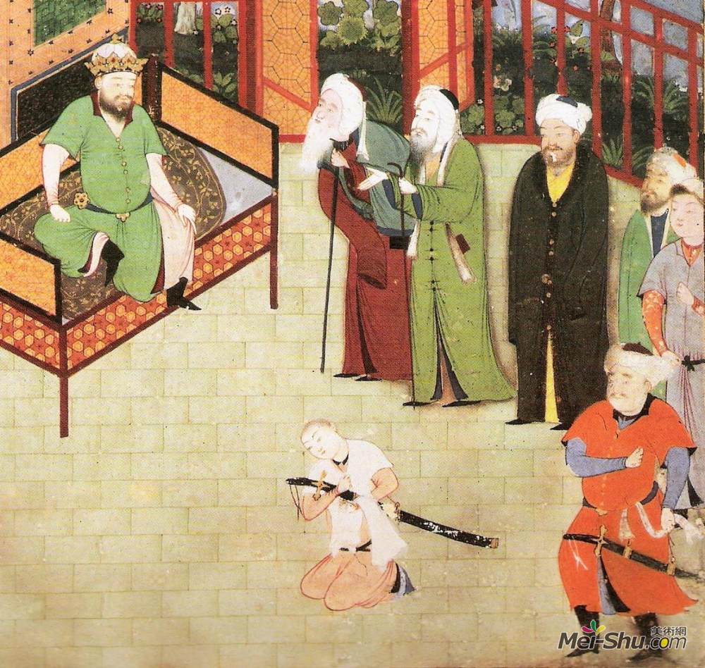 白扎德(Kamal ud-Din Behzad)高清作品《长老们请求霍姆兹德国王原谅他的儿子库斯劳》