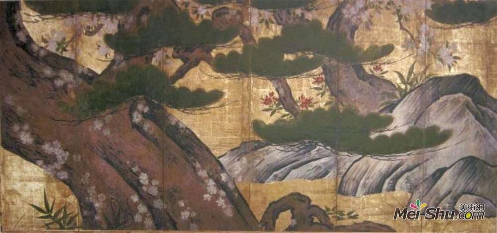 狩野永德(Kanō Eitoku)高清作品《岩石上的松树和樱桃树》