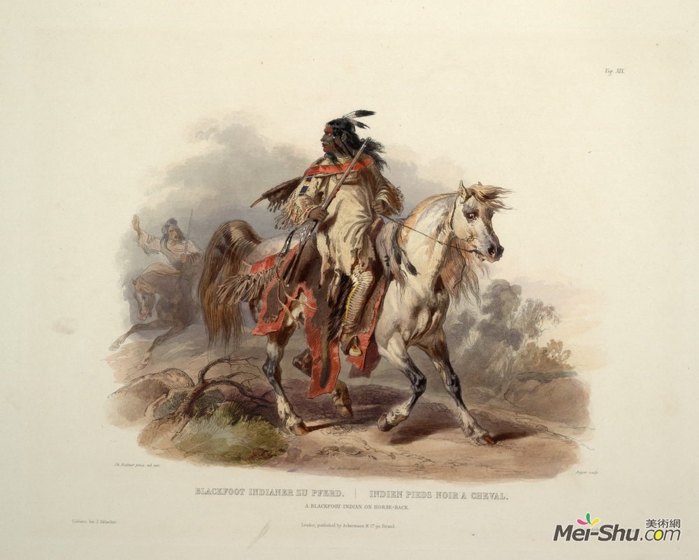 卡尔博德默(Karl Bodmer)高清作品《黑足印第安人骑在马背上，盘子19来自第1卷》