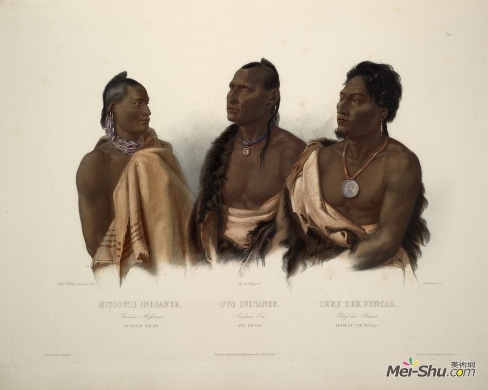 卡尔博德默(Karl Bodmer)高清作品《A Missouri Indian, an Oto Indian and the Chief of the Puncas》