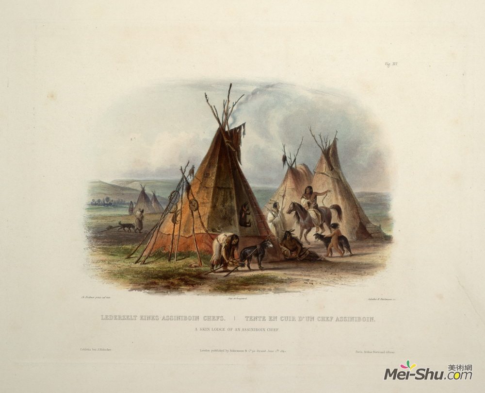 卡尔博德默(Karl Bodmer)高清作品《阿西尼博因酋长的皮肤小屋，第16卷第1卷》