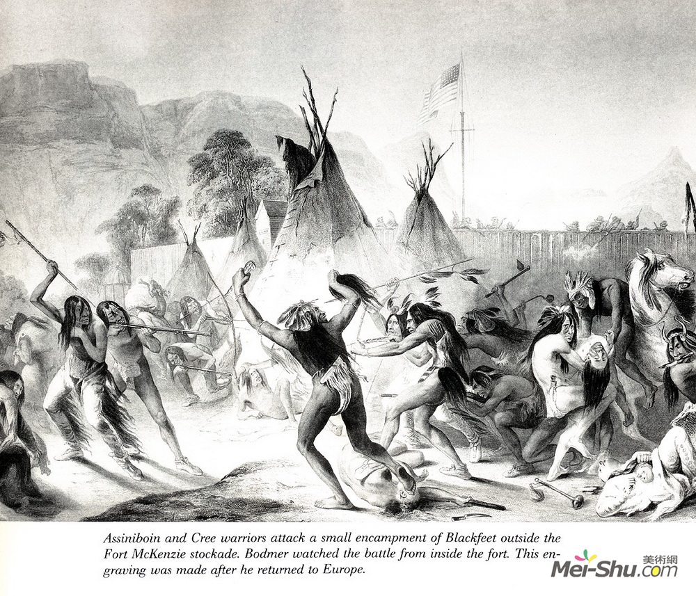卡尔博德默(Karl Bodmer)高清作品《阿西尼博因和克里战士攻击黑脚》