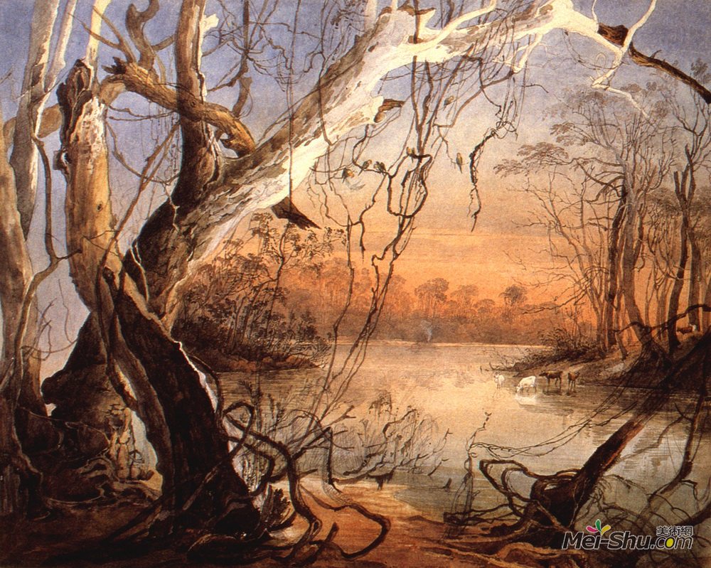 卡尔博德默(Karl Bodmer)高清作品《福克斯河与印第安娜沃巴什的汇流》