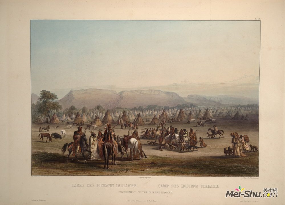 卡尔博德默(Karl Bodmer)高清作品《Encampment of the Piekann Indians, plate 43 from Volume 2 of》