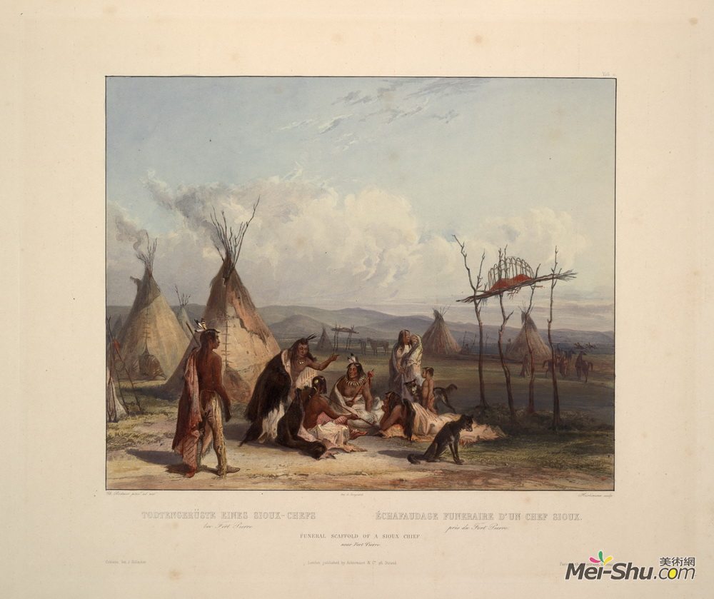 卡尔博德默(Karl Bodmer)高清作品《皮尔堡附近苏族酋长的葬礼脚手架，第11版》