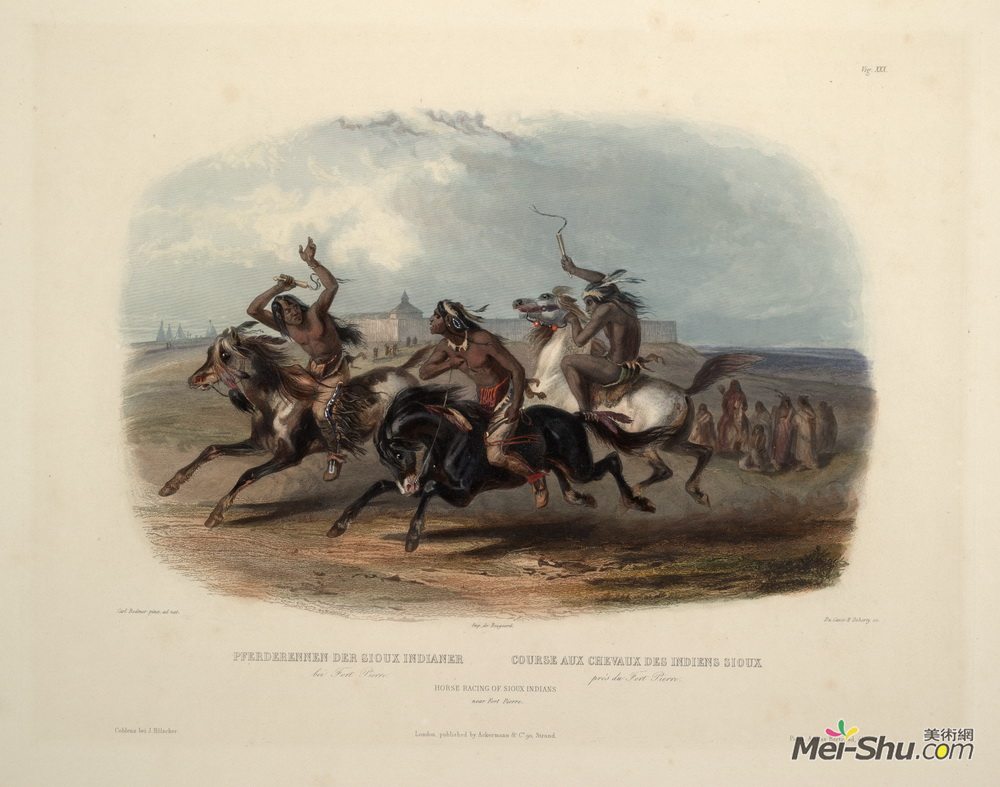 卡尔博德默(Karl Bodmer)高清作品《皮尔堡附近的苏族印第安人赛马，30号盘子》