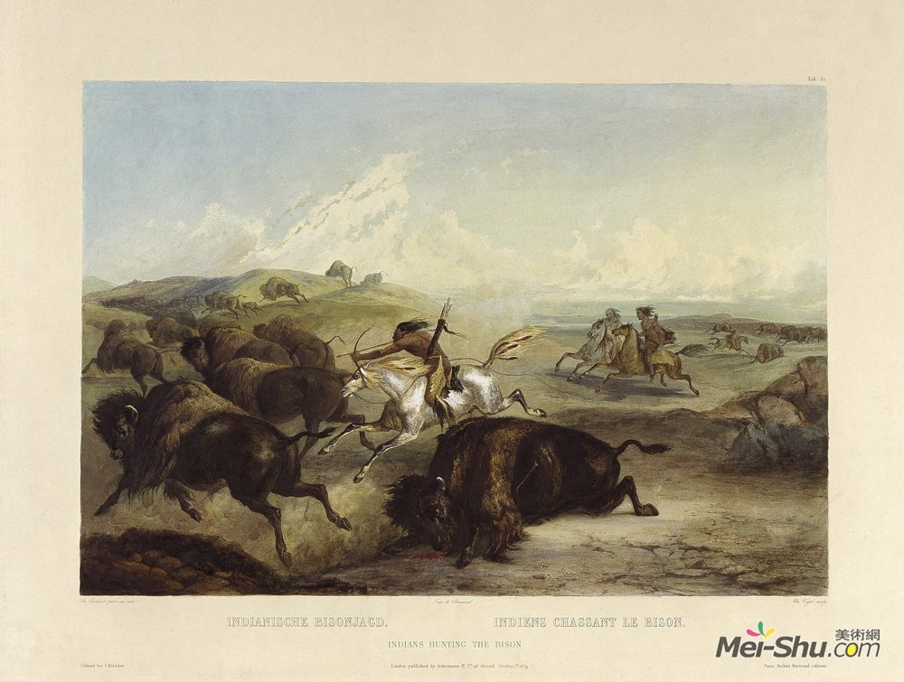 卡尔博德默(Karl Bodmer)高清作品《印第安人猎杀野牛，第31卷，第3卷第3卷》