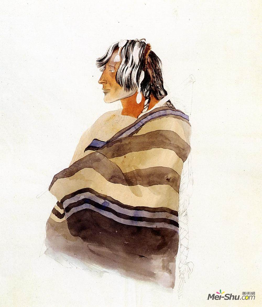卡尔博德默(Karl Bodmer)高清作品《Kiasax, a Piegen Blackfeet Warrior》