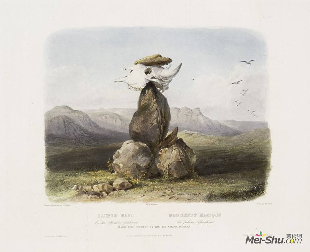 卡尔博德默(Karl Bodmer)高清作品《由阿西尼博因印第安人竖起的魔法桩，第15板》