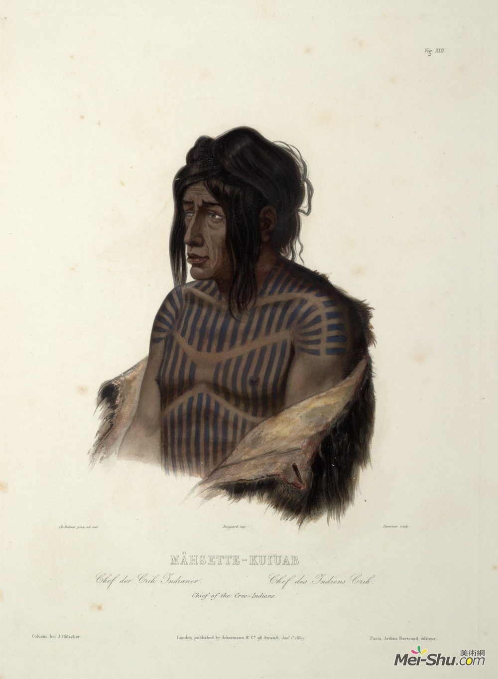 卡尔博德默(Karl Bodmer)高清作品《Mahsette-Kuiuab, Chief of the Cree Indians, plate 22 from vo》