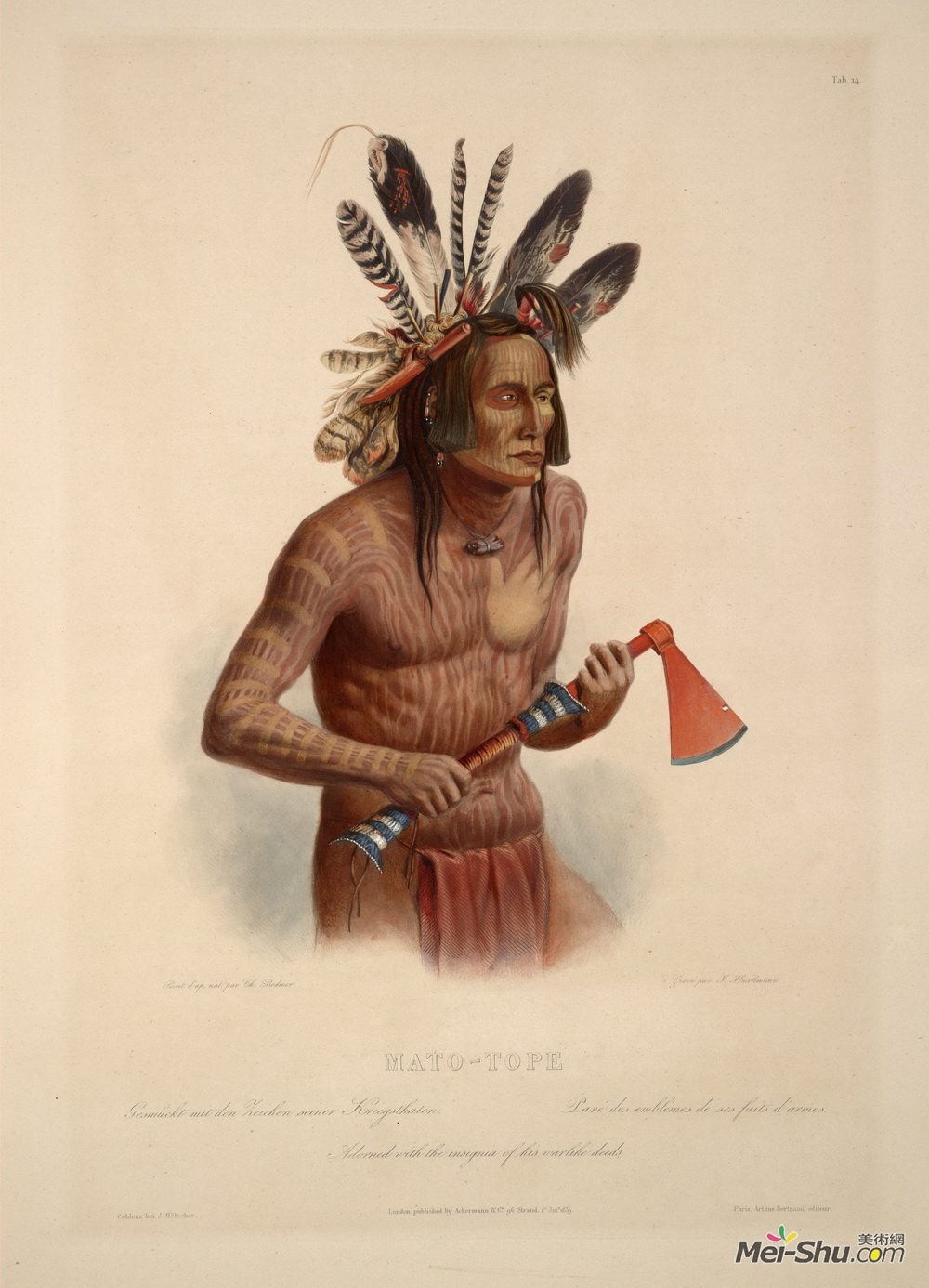卡尔博德默(Karl Bodmer)高清作品《Mato-Tope, Adorned with the Insignia of his Warlike Deeds, p》