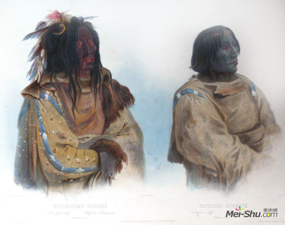 卡尔博德默(Karl Bodmer)高清作品《Mehkskeme-Sukahs, Blackfoot Chief and Tatsicki-Stomick, Piek》