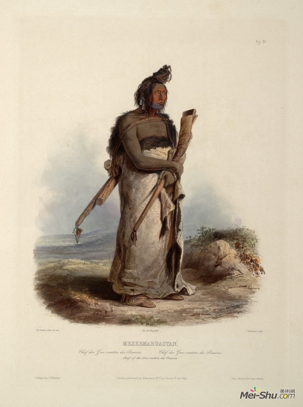 卡尔博德默(Karl Bodmer)高清作品《Mexkemahuastan, Chief of the Gros-Ventres of the Prairies, p》