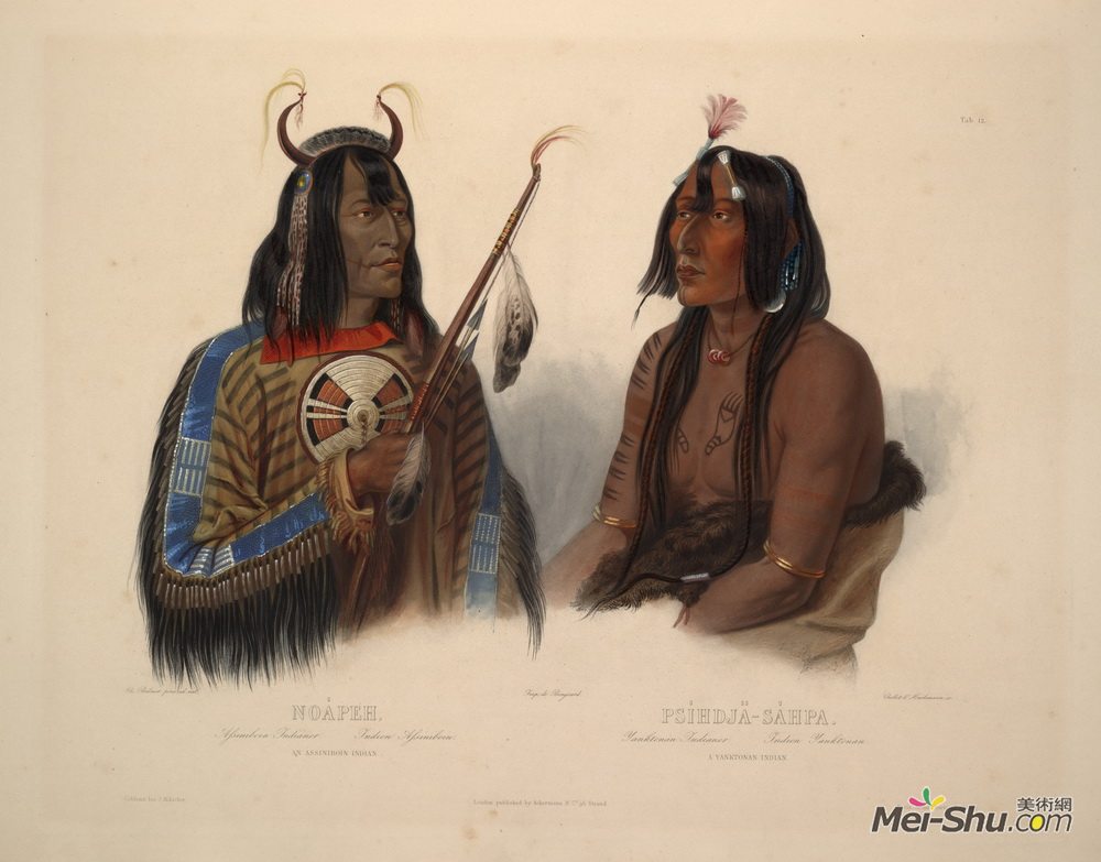 卡尔博德默(Karl Bodmer)高清作品《Noapeh, an Assiniboin Indian and Psihdja-Sahpa, a Yanktonan》