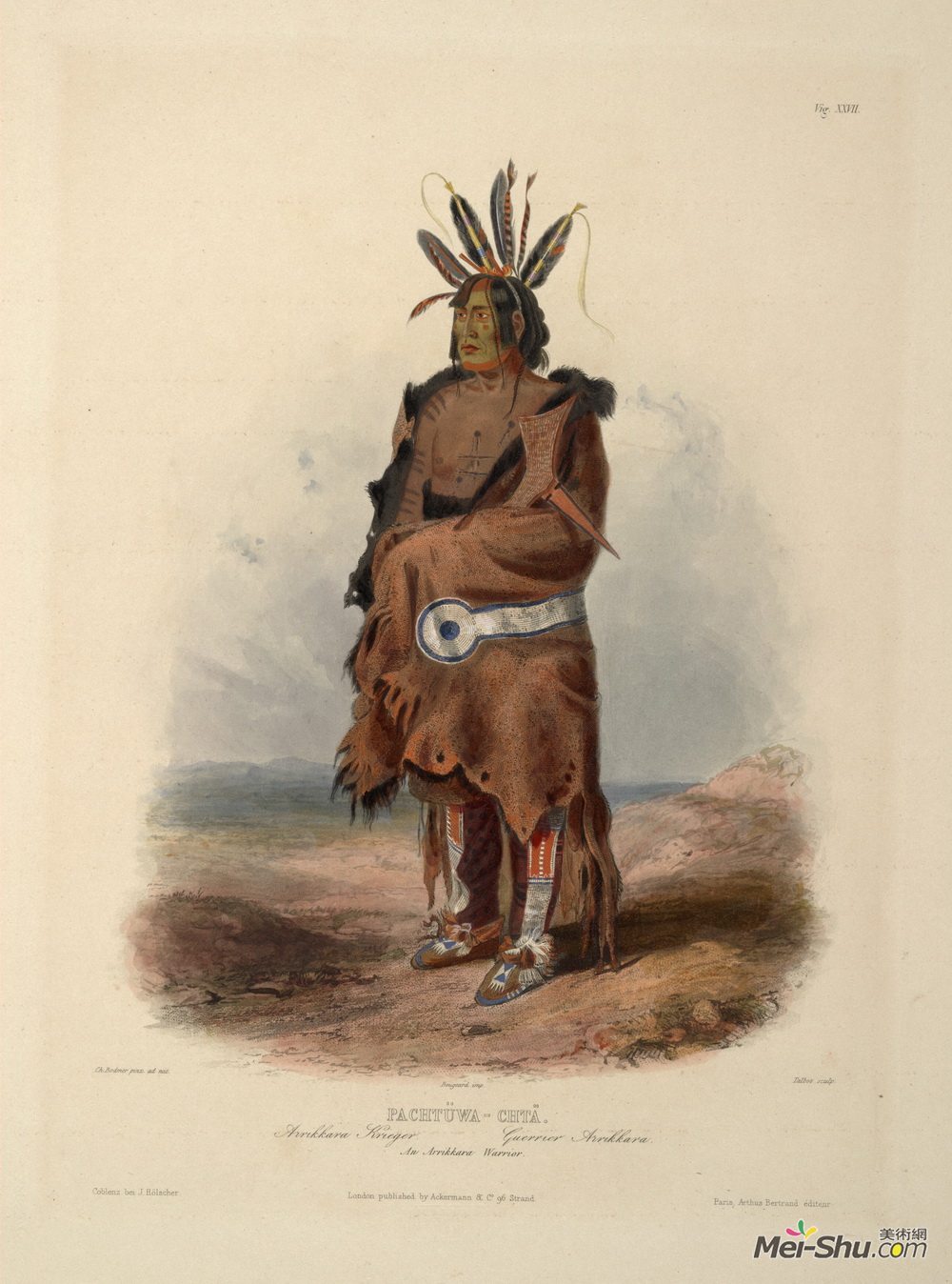 卡尔博德默(Karl Bodmer)高清作品《Pachtuwa-Chta, an Arrikkara Warrior, plate 27 from Volume 1》