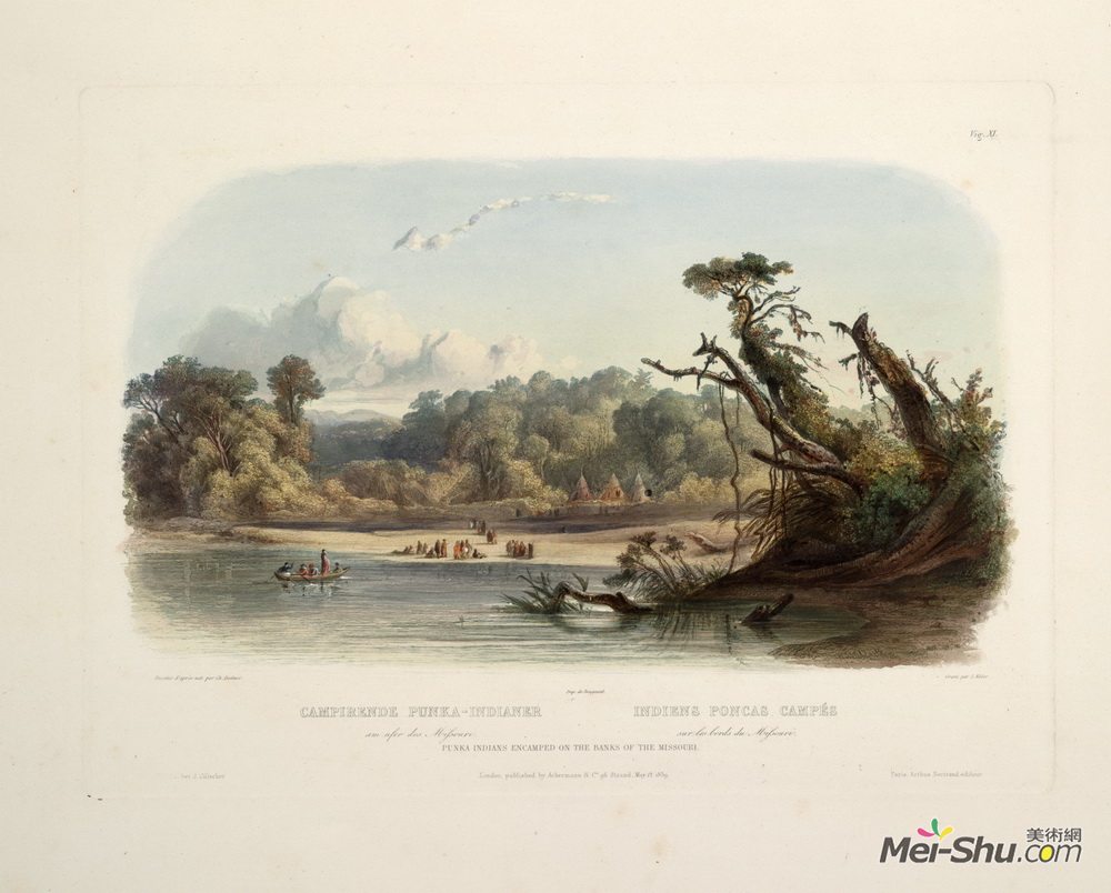 卡尔博德默(Karl Bodmer)高清作品《普卡卡印第安人在密苏里的岸边安营扎寨，盘子1》