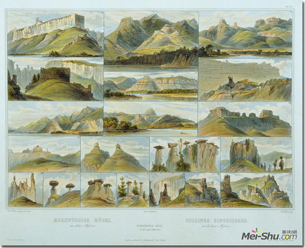 卡尔博德默(Karl Bodmer)高清作品《Remarkable Hills on the Upper Missouri, plate 34 from Volume》