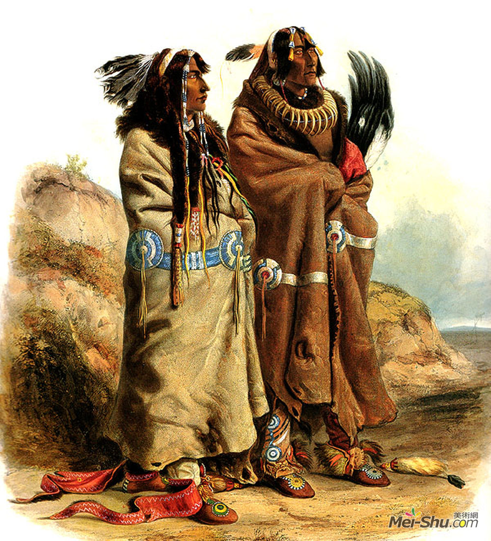 卡尔博德默(Karl Bodmer)高清作品《Sih-Chida and Mahchsi-Karehde, Mandan Indians, plate 20 from》