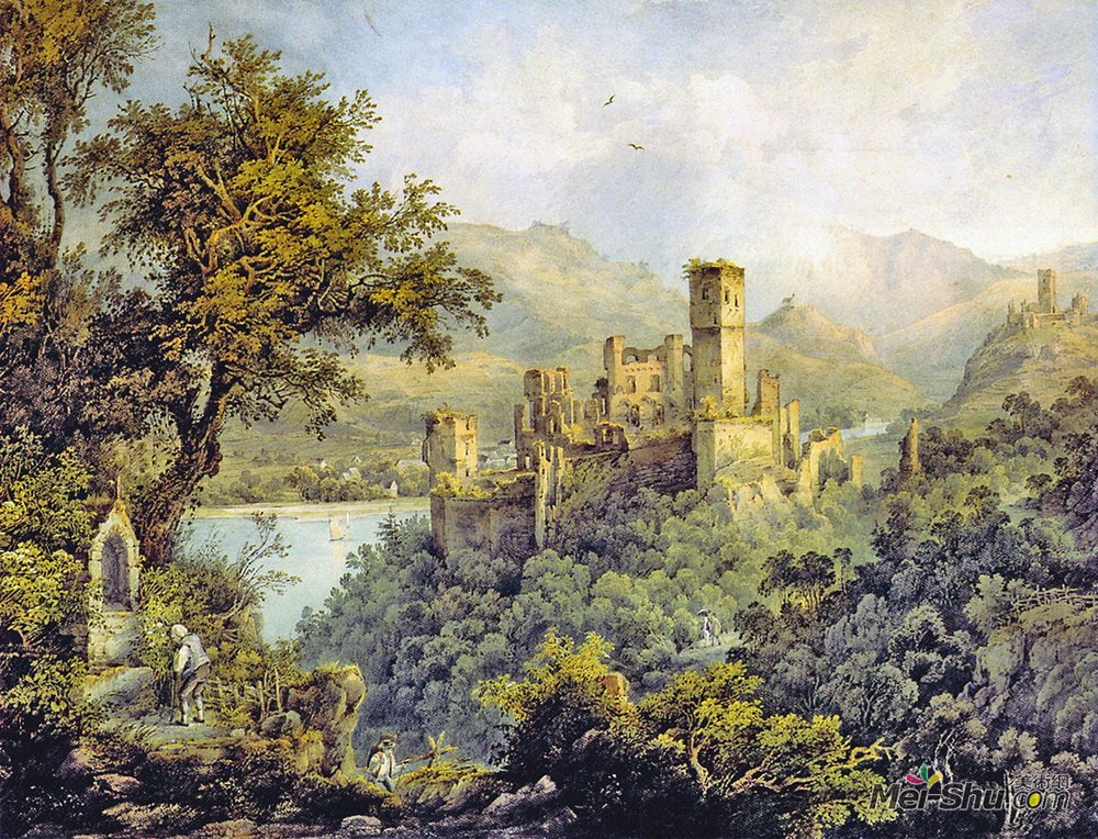 卡尔博德默(Karl Bodmer)高清作品《Stolzenfels Castle, in the background Lahneck Castle》