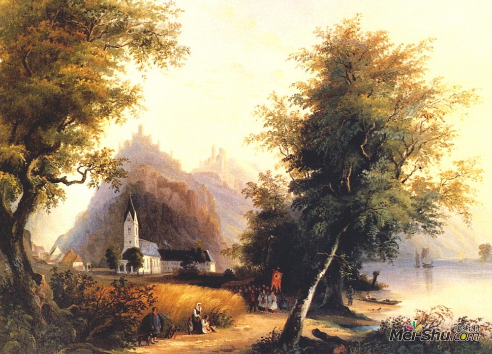 卡尔博德默(Karl Bodmer)高清作品《The 'Enemy brothers' in Bornhofen on the Rhi》