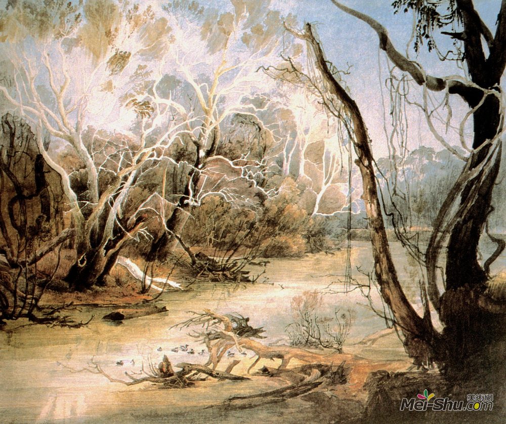 卡尔博德默(Karl Bodmer)高清作品《印第安娜新和谐附近的福克斯河》