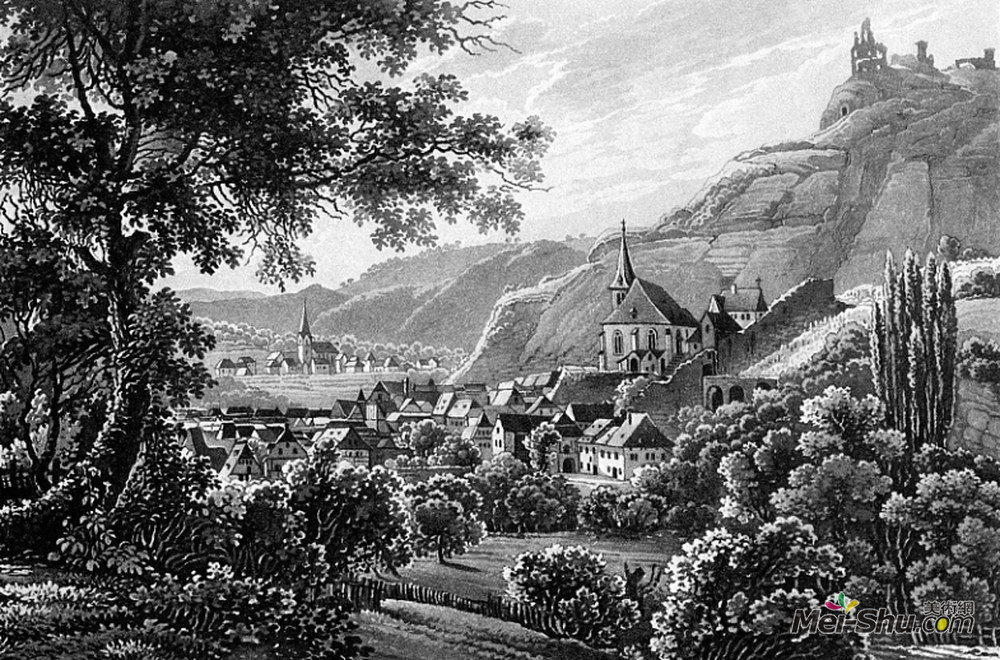 卡尔博德默(Karl Bodmer)高清作品《The town Traben Trarbach and the Grevenburg on the Moselle R》