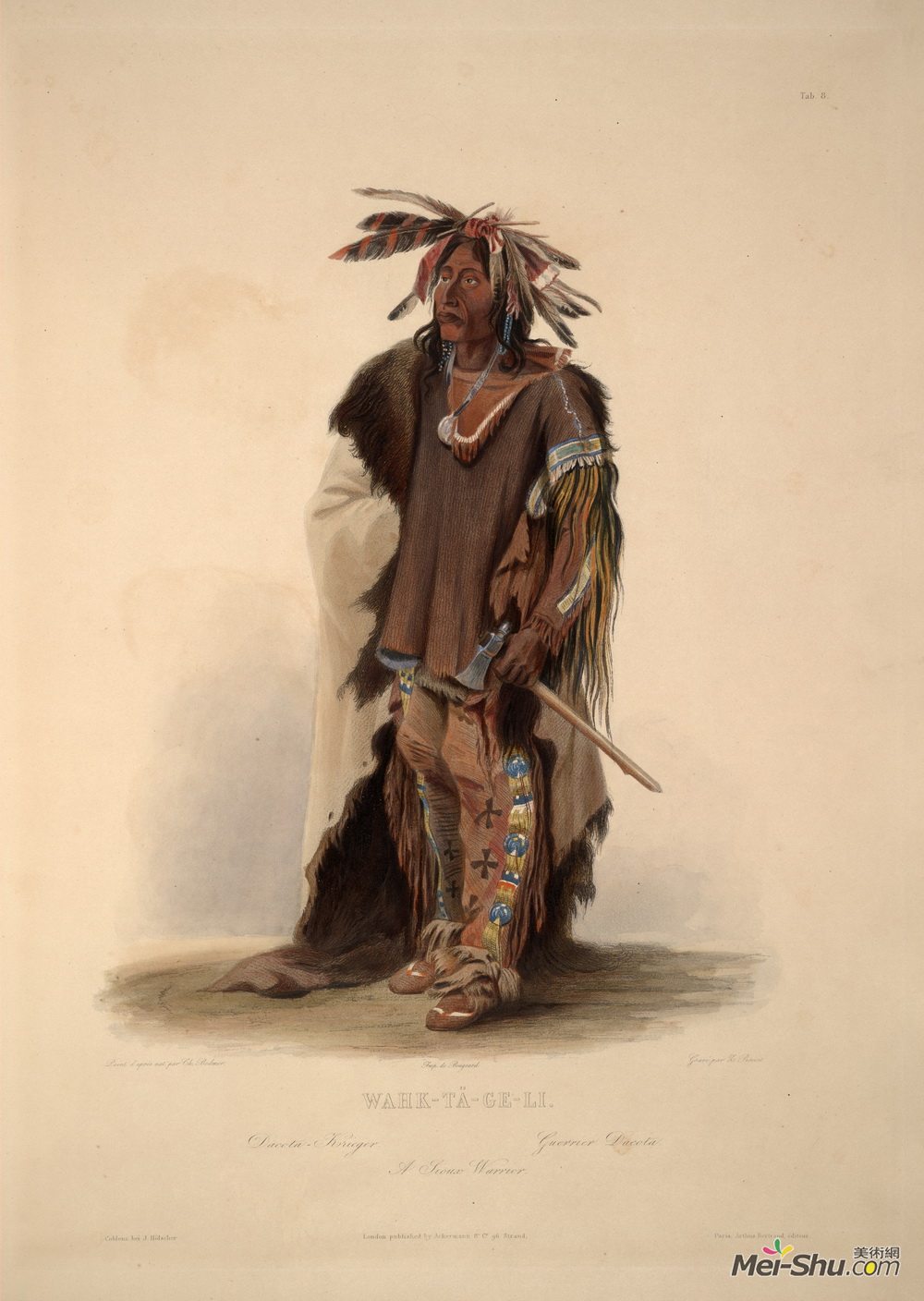 卡尔博德默(Karl Bodmer)高清作品《Wahk-Ta-Ge-Li, a Sioux Warrior, plate 8 from Volume 2 of &am》