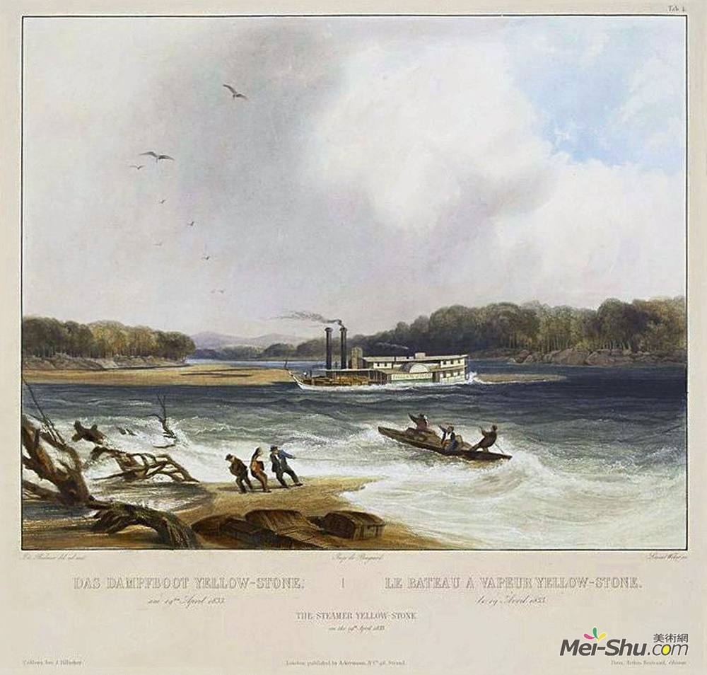 卡尔博德默(Karl Bodmer)高清作品《Yellowstone, Missouri River steamboat, depicted as aground o》