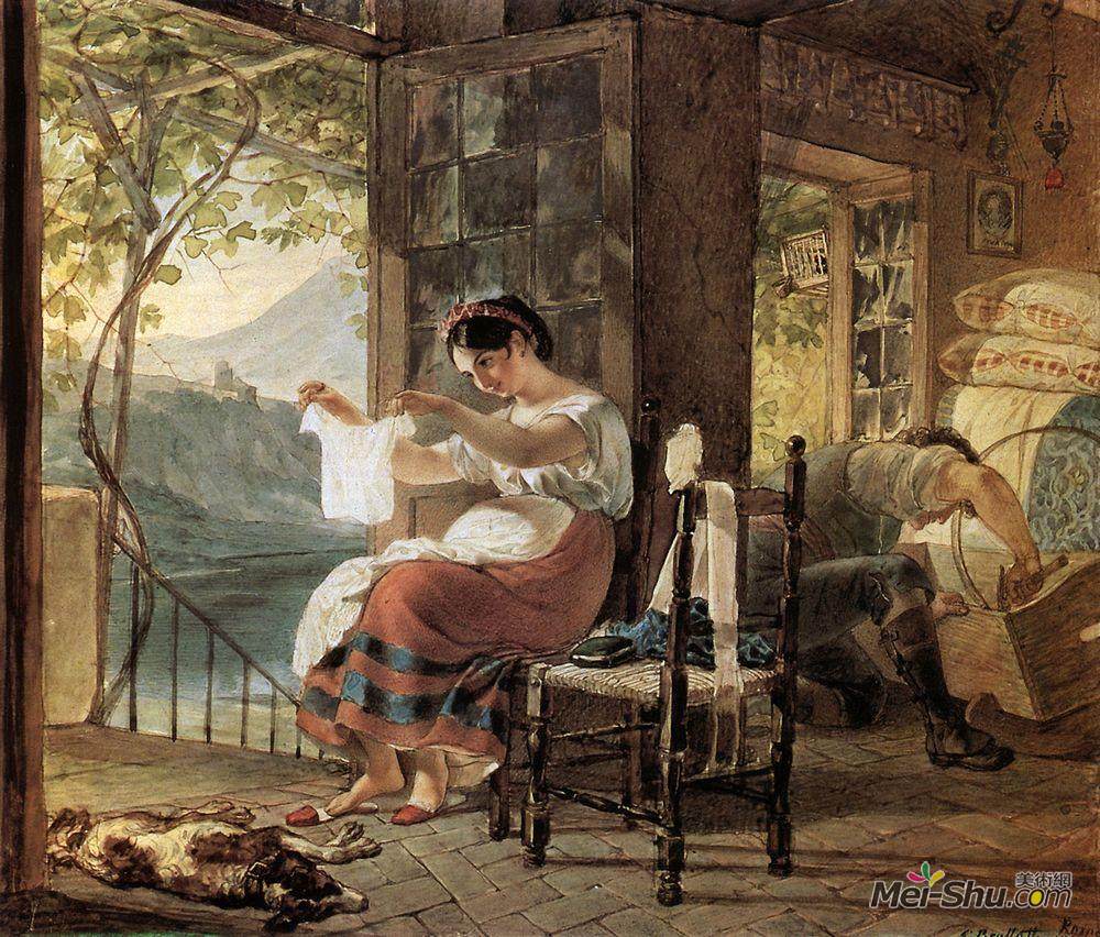 卡尔·布留洛夫(Karl Bryullov)高清作品《意大利人，期待着一个孩子，看着他的衬衫，她的丈夫》