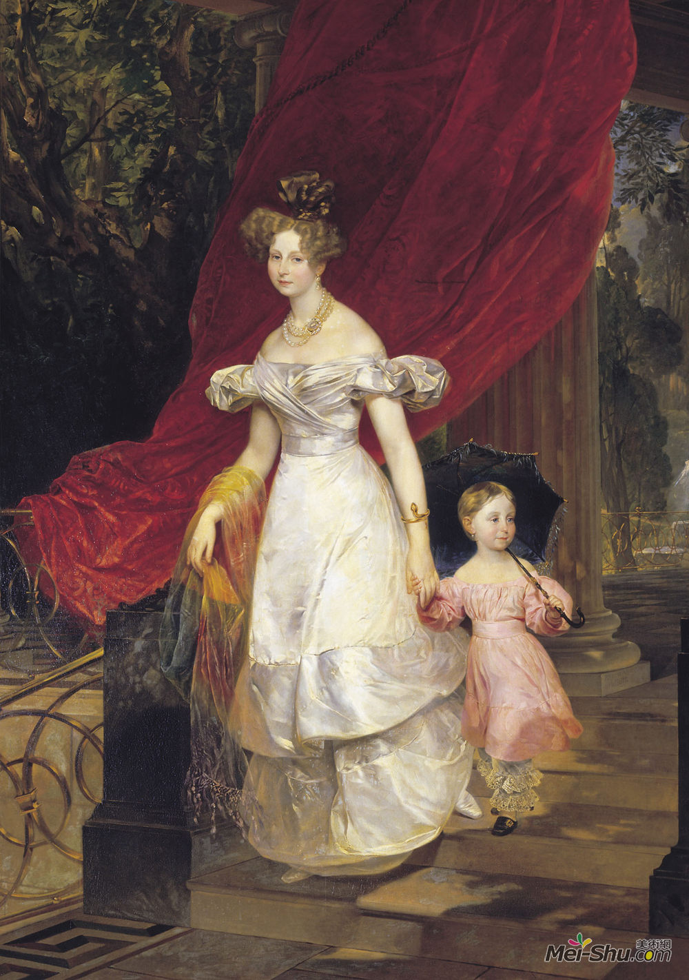 卡尔·布留洛夫(Karl Bryullov)高清作品《Portrait of Grand Duchess Elena Pavlovna and Her Daughter Ma》