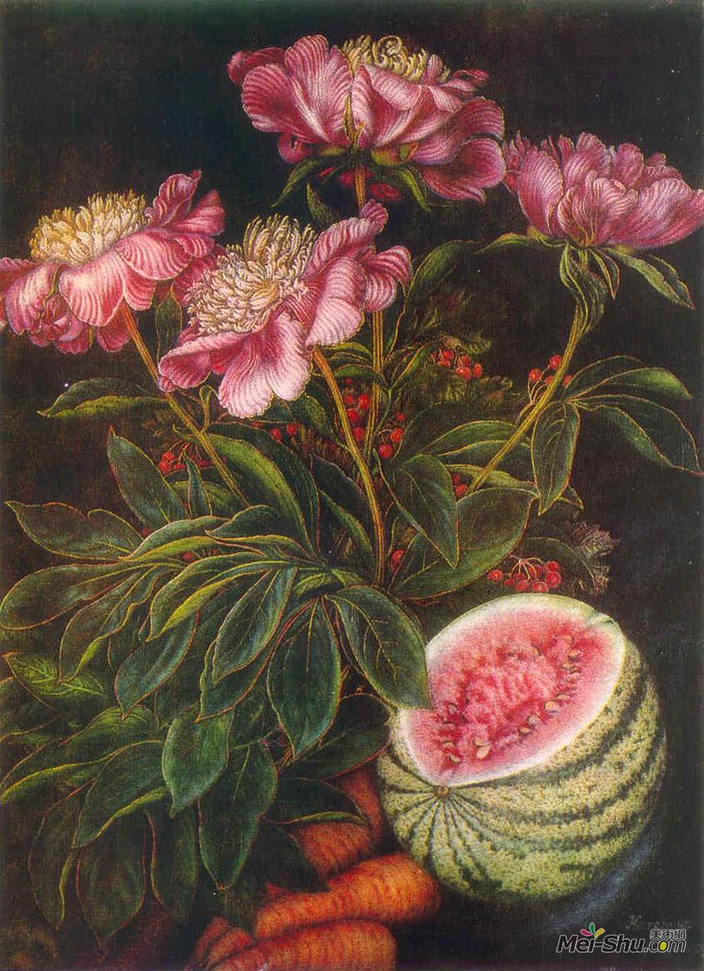 卡特尼亚比洛克(Kateryna Bilokur)高清作品《Still life "Watermelon, carrots, flowers"》
