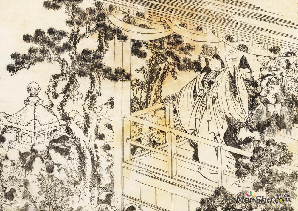 葛饰北斋(Katsushika Hokusai)高清作品《一个神道神社舞的场景》