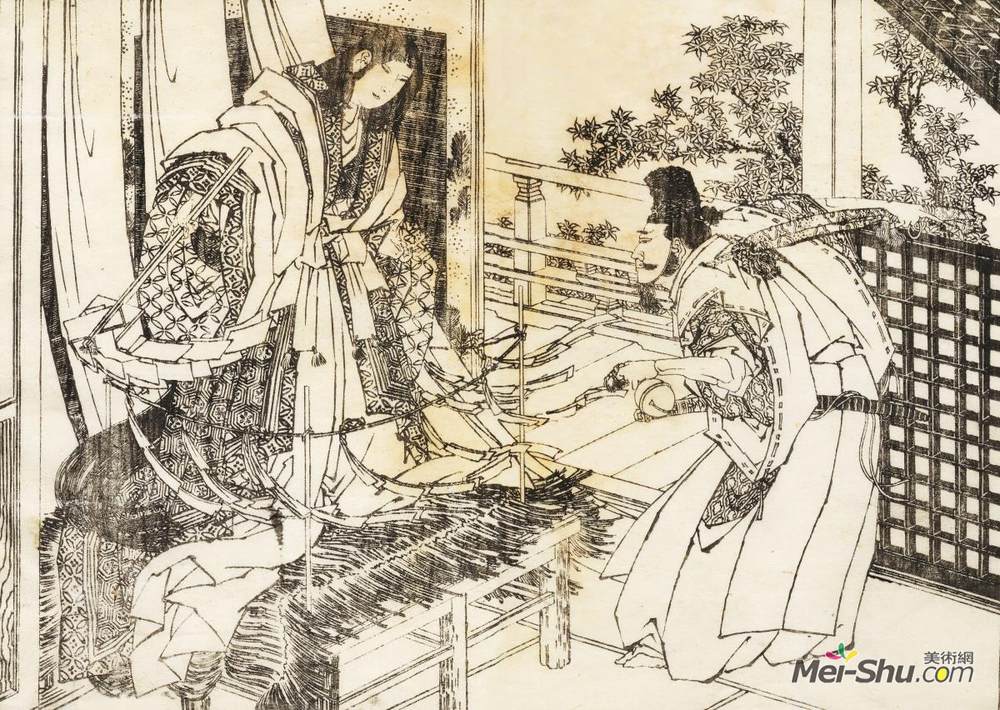 葛饰北斋(Katsushika Hokusai)高清作品《神道神社里的女人有一根有很多纸的棍子。》