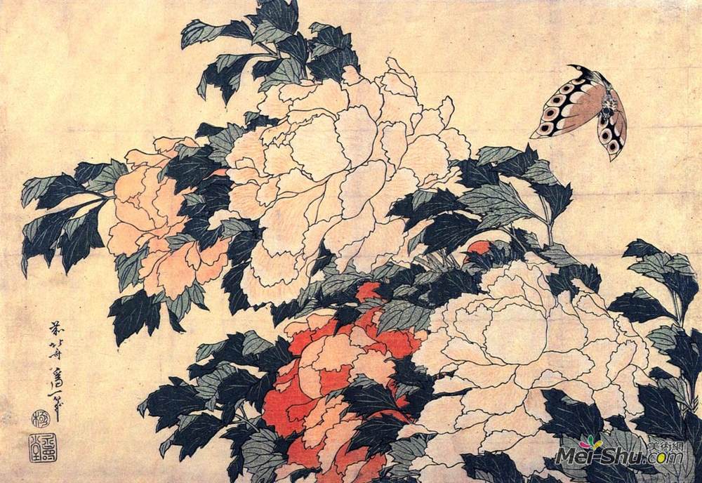 葛饰北斋(Katsushika Hokusai)高清作品《蝴蝶与鸳鸯》