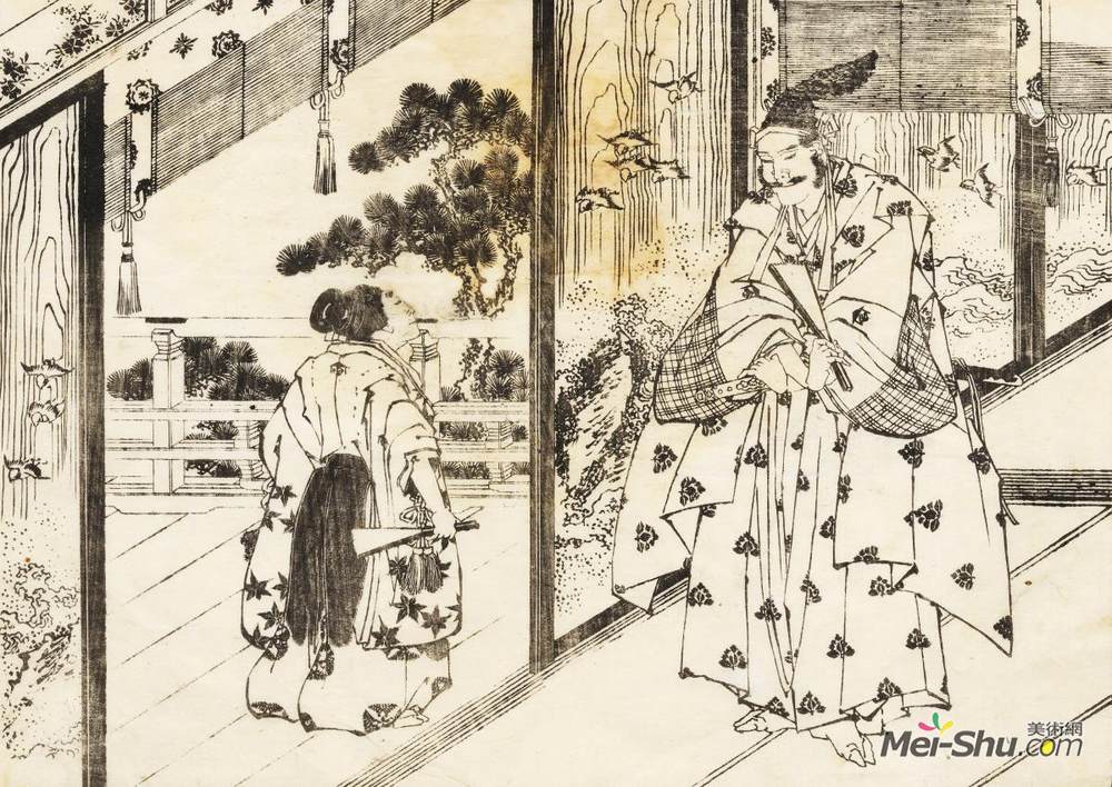 葛饰北斋(Katsushika Hokusai)高清作品《受过良好教育的男孩对年长的人表示敬意。》
