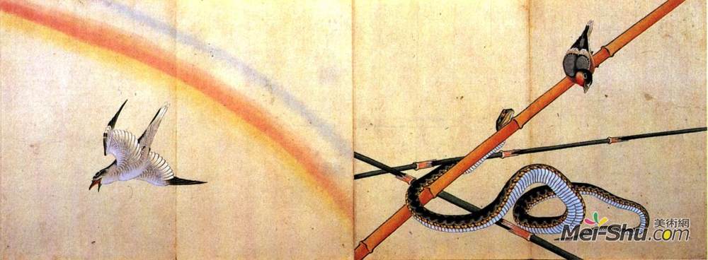 葛饰北斋(Katsushika Hokusai)高清作品《在竹竿上蜷缩着一只麻雀》