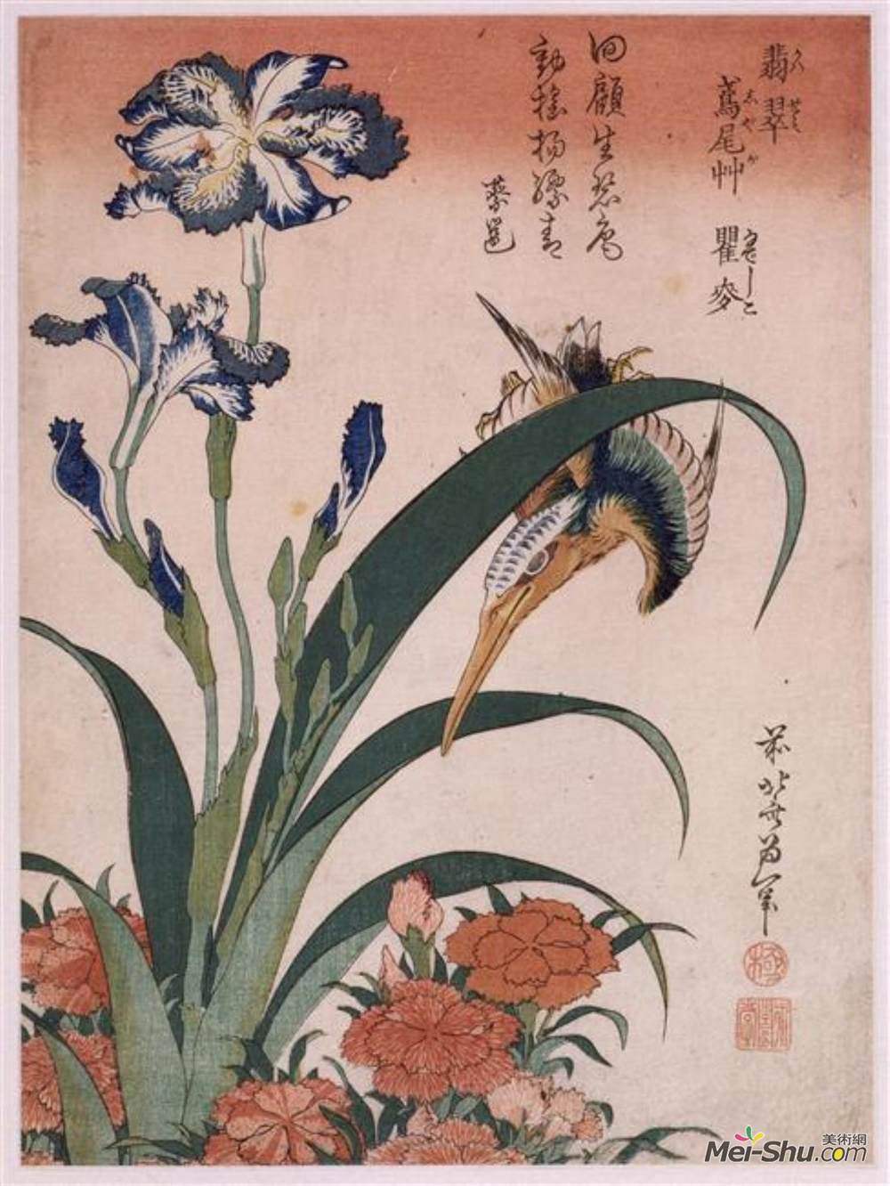 葛饰北斋(Katsushika Hokusai)高清作品《翠鸟，康乃馨，虹膜》